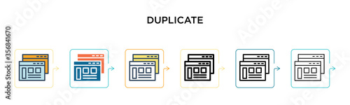 Duplicate vector icon in 6 different modern styles. Black, two colored duplicate icons designed in filled, outline, line and stroke style. Vector illustration can be used for web, mobile, ui