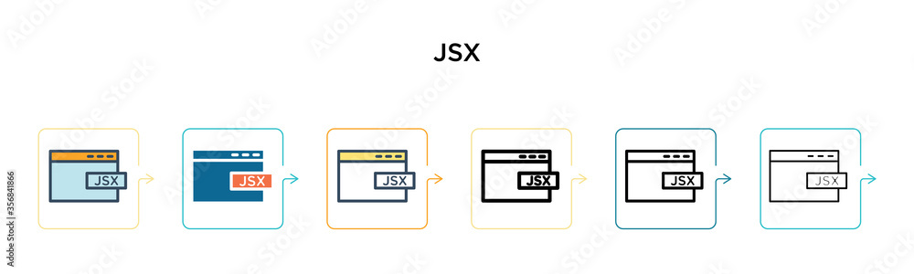Jsx vector icon in 6 different modern styles. Black, two colored jsx icons designed in filled, outline, line and stroke style. Vector illustration can be used for web, mobile, ui Jsx vector icon in 6 different modern styles. Black, two colored jsx icons designed in filled, outline, line and stroke style. Vector illustration can be used for web, mobile, ui