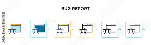 Bug report vector icon in 6 different modern styles. Black, two colored bug report icons designed in filled, outline, line and stroke style. Vector illustration can be used for web, mobile, ui