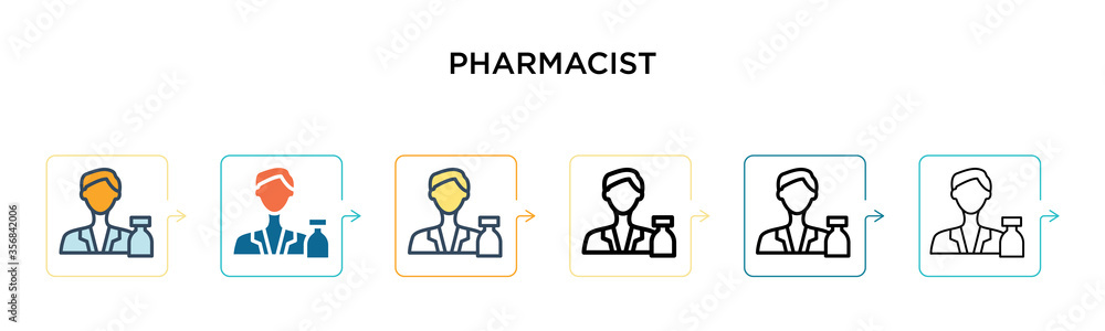 Pharmacist vector icon in 6 different modern styles. Black, two colored pharmacist icons designed in filled, outline, line and stroke style. Vector illustration can be used for web, mobile, ui Pharmacist vector icon in 6 different modern styles. Black, two colored pharmacist icons designed in filled, outline, line and stroke style. Vector illustration can be used for web, mobile, ui