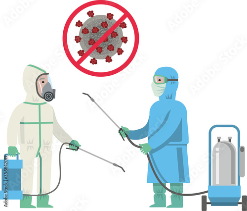 Disinfector in protective suit, mask with disinfection equipment sprays a disinfectant. Treatment, disinfection, prevention of infectious diseases, coronavirus. Flat infographics. Vector illustration