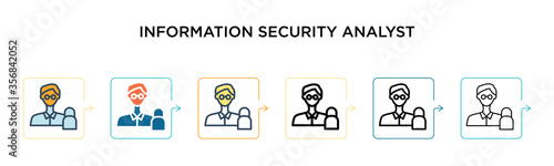 Information security analyst vector icon in 6 different modern styles. Black, two colored information security analyst icons designed in filled, outline, line and stroke style. Vector illustration can