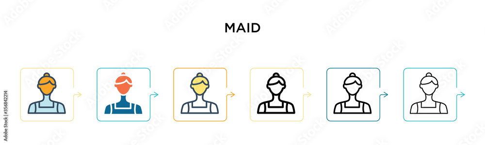 Maid vector icon in 6 different modern styles. Black, two colored maid icons designed in filled, outline, line and stroke style. Vector illustration can be used for web, mobile, ui Maid vector icon in 6 different modern styles. Black, two colored maid icons designed in filled, outline, line and stroke style. Vector illustration can be used for web, mobile, ui