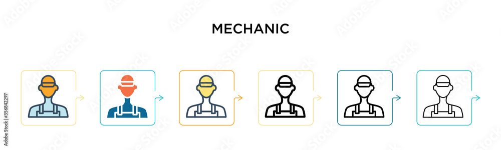 Mechanic vector icon in 6 different modern styles. Black, two colored mechanic icons designed in filled, outline, line and stroke style. Vector illustration can be used for web, mobile, ui Mechanic vector icon in 6 different modern styles. Black, two colored mechanic icons designed in filled, outline, line and stroke style. Vector illustration can be used for web, mobile, ui