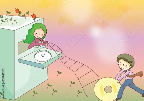 concept of children inserting cd into cpu