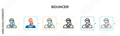 Bouncer vector icon in 6 different modern styles. Black, two colored bouncer icons designed in filled, outline, line and stroke style. Vector illustration can be used for web, mobile, ui