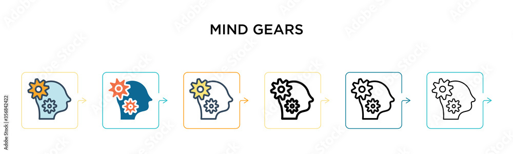 Mind gears vector icon in 6 different modern styles. Black, two colored mind gears icons designed in filled, outline, line and stroke style. Vector illustration can be used for web, mobile, ui
