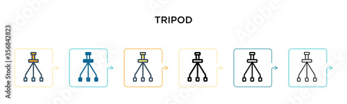 Tripod vector icon in 6 different modern styles. Black, two colored tripod icons designed in filled, outline, line and stroke style. Vector illustration can be used for web, mobile, ui