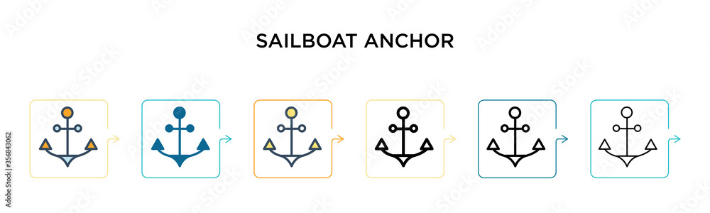 Sailboat anchor vector icon in 6 different modern styles. Black, two colored sailboat anchor icons designed in filled, outline, line and stroke style. Vector illustration can be used for web, mobile, Sailboat anchor vector icon in 6 different modern styles. Black, two colored sailboat anchor icons designed in filled, outline, line and stroke style. Vector illustration can be used for web, mobile,