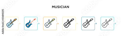 Musician vector icon in 6 different modern styles. Black, two colored musician icons designed in filled, outline, line and stroke style. Vector illustration can be used for web, mobile, ui