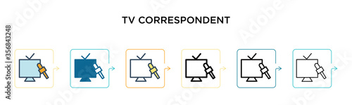 Tv correspondent vector icon in 6 different modern styles. Black, two colored tv correspondent icons designed in filled, outline, line and stroke style. Vector illustration can be used for web,