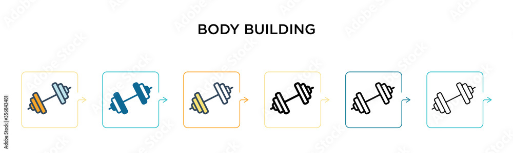 Body building vector icon in 6 different modern styles. Black, two colored body building icons designed in filled, outline, line and stroke style. Vector illustration can be used for web, mobile, ui Body building vector icon in 6 different modern styles. Black, two colored body building icons designed in filled, outline, line and stroke style. Vector illustration can be used for web, mobile, ui