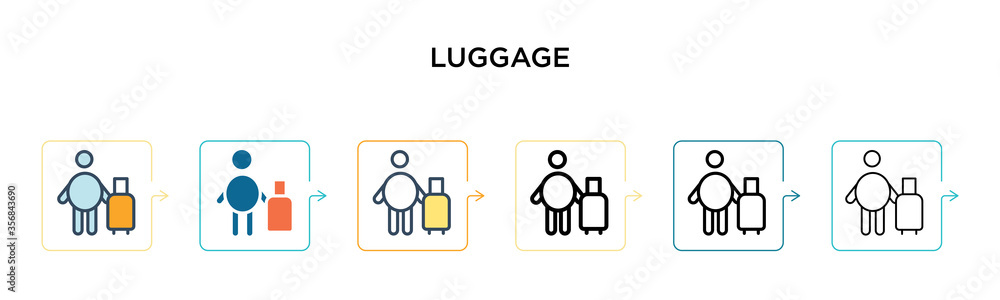 Luggage sign vector icon in 6 different modern styles. Black, two colored luggage sign icons designed in filled, outline, line and stroke style. Vector illustration can be used for web, mobile, ui Luggage sign vector icon in 6 different modern styles. Black, two colored luggage sign icons designed in filled, outline, line and stroke style. Vector illustration can be used for web, mobile, ui