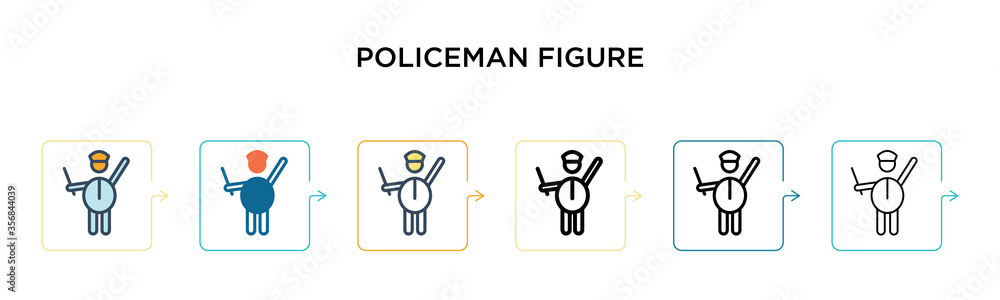 Policeman figure vector icon in 6 different modern styles. Black, two colored policeman figure icons designed in filled, outline, line and stroke style. Vector illustration can be used for web, Policeman figure vector icon in 6 different modern styles. Black, two colored policeman figure icons designed in filled, outline, line and stroke style. Vector illustration can be used for web,