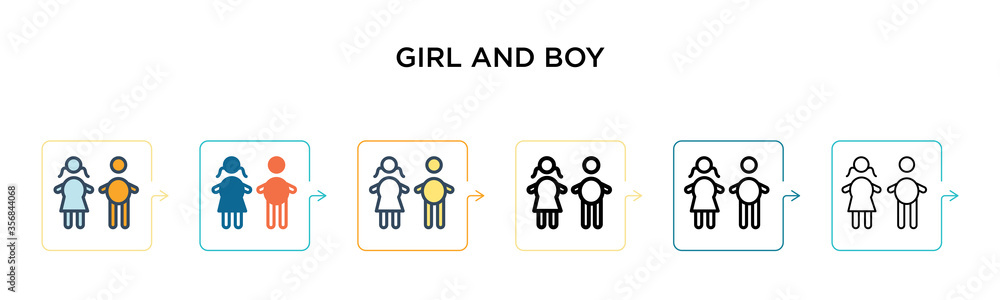 Girl and boy vector icon in 6 different modern styles. Black, two colored girl and boy icons designed in filled, outline, line and stroke style. Vector illustration can be used for web, mobile, ui Girl and boy vector icon in 6 different modern styles. Black, two colored girl and boy icons designed in filled, outline, line and stroke style. Vector illustration can be used for web, mobile, ui