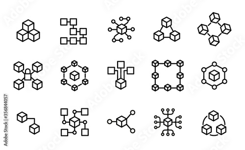 Stroke line icons set of blockchain.