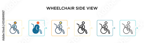 Wheelchair side view vector icon in 6 different modern styles. Black, two colored wheelchair side view icons designed in filled, outline, line and stroke style. Vector illustration can be used for