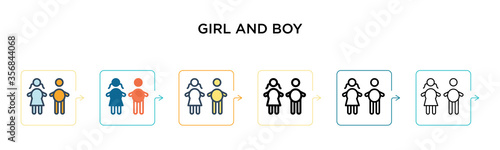 Girl and boy vector icon in 6 different modern styles. Black  two colored girl and boy icons designed in filled  outline  line and stroke style. Vector illustration can be used for web  mobile  ui
