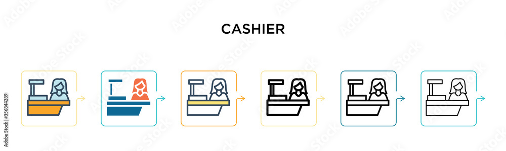 Cashier vector icon in 6 different modern styles. Black, two colored cashier icons designed in filled, outline, line and stroke style. Vector illustration can be used for web, mobile, ui Cashier vector icon in 6 different modern styles. Black, two colored cashier icons designed in filled, outline, line and stroke style. Vector illustration can be used for web, mobile, ui