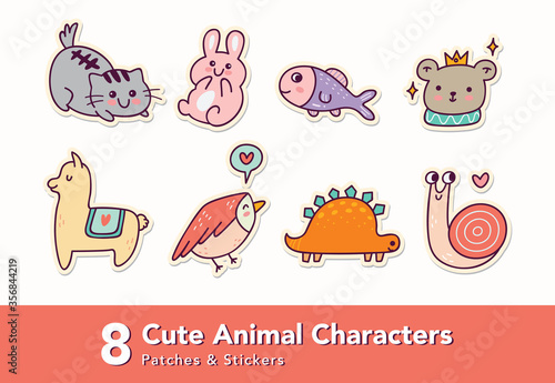 Set of Cute Animals Character, Sticker and Patches