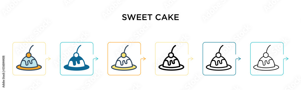 Sweet cake vector icon in 6 different modern styles. Black, two colored sweet cake icons designed in filled, outline, line and stroke style. Vector illustration can be used for web, mobile, ui Sweet cake vector icon in 6 different modern styles. Black, two colored sweet cake icons designed in filled, outline, line and stroke style. Vector illustration can be used for web, mobile, ui