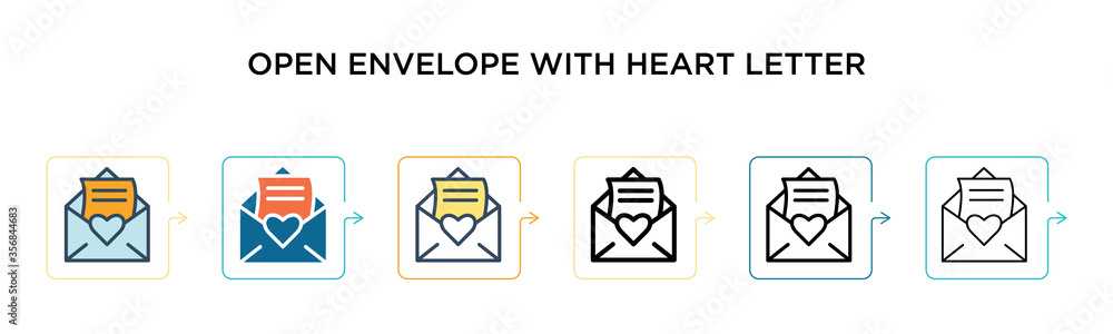 Open envelope with heart letter vector icon in 6 different modern styles. Black, two colored open envelope with heart letter icons designed in filled, outline, line and stroke style. Vector Open envelope with heart letter vector icon in 6 different modern styles. Black, two colored open envelope with heart letter icons designed in filled, outline, line and stroke style. Vector