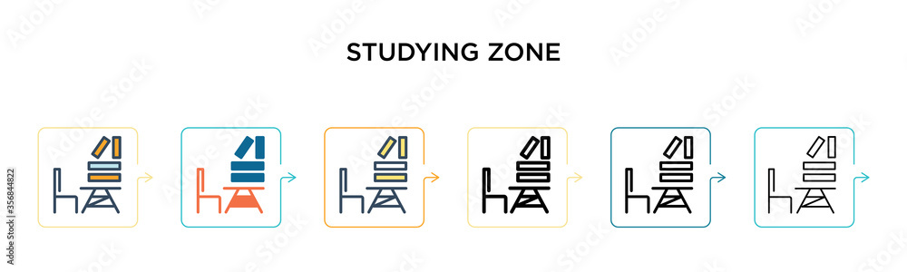 Studying zone vector icon in 6 different modern styles. Black, two colored studying zone icons designed in filled, outline, line and stroke style. Vector illustration can be used for web, mobile, ui Studying zone vector icon in 6 different modern styles. Black, two colored studying zone icons designed in filled, outline, line and stroke style. Vector illustration can be used for web, mobile, ui