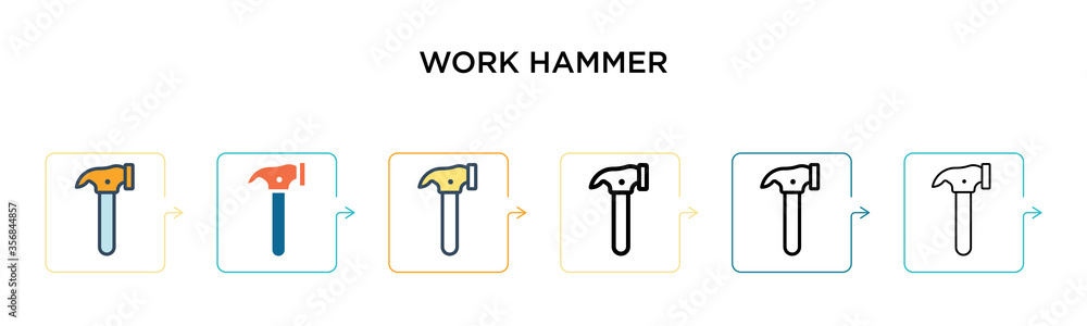 Work hammer vector icon in 6 different modern styles. Black, two colored work hammer icons designed in filled, outline, line and stroke style. Vector illustration can be used for web, mobile, ui Work hammer vector icon in 6 different modern styles. Black, two colored work hammer icons designed in filled, outline, line and stroke style. Vector illustration can be used for web, mobile, ui