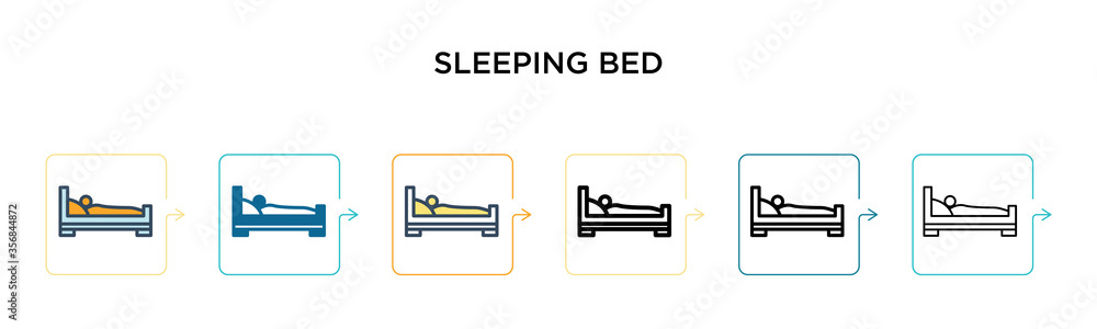 Sleeping bed vector icon in 6 different modern styles. Black, two colored sleeping bed icons designed in filled, outline, line and stroke style. Vector illustration can be used for web, mobile, ui Sleeping bed vector icon in 6 different modern styles. Black, two colored sleeping bed icons designed in filled, outline, line and stroke style. Vector illustration can be used for web, mobile, ui