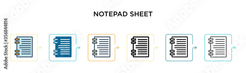 Notepad sheet vector icon in 6 different modern styles. Black, two colored notepad sheet icons designed in filled, outline, line and stroke style. Vector illustration can be used for web, mobile, ui