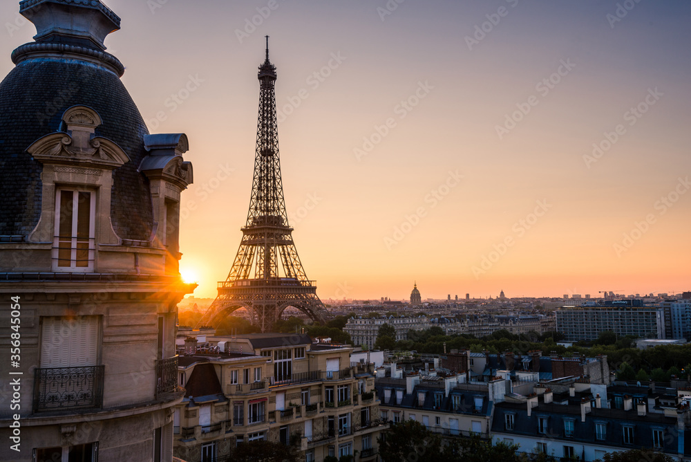 Beautiful sunrise of Paris with the view of Eiffel Tower and city of Paris, France