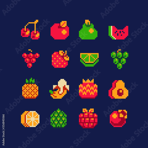 Colorful fruits icons set, pixel art, grapes, pear, watermelon, banana, cherry, pineapple and orange. Design for logo, sticker and mobile app. Isolated vector illustration. © thepolovinkin
