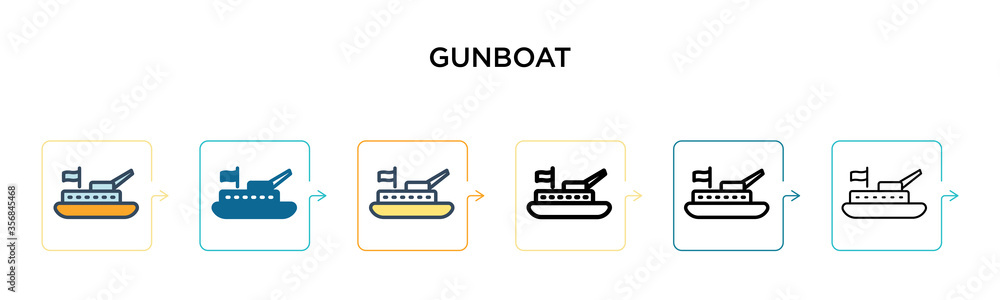 Gunboat vector icon in 6 different modern styles. Black, two colored gunboat icons designed in filled, outline, line and stroke style. Vector illustration can be used for web, mobile, ui Gunboat vector icon in 6 different modern styles. Black, two colored gunboat icons designed in filled, outline, line and stroke style. Vector illustration can be used for web, mobile, ui