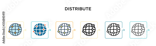 Distribute vector icon in 6 different modern styles. Black, two colored distribute icons designed in filled, outline, line and stroke style. Vector illustration can be used for web, mobile, ui