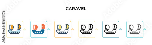 Caravel vector icon in 6 different modern styles. Black, two colored caravel icons designed in filled, outline, line and stroke style. Vector illustration can be used for web, mobile, ui