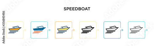 Speedboat vector icon in 6 different modern styles. Black, two colored speedboat icons designed in filled, outline, line and stroke style. Vector illustration can be used for web, mobile, ui
