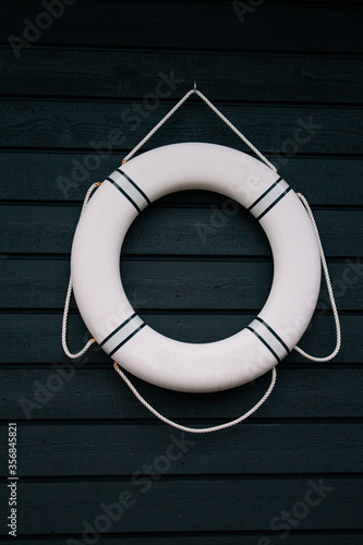 Lifesaver ring in white on black lake house