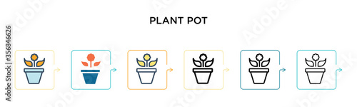 Plant pot vector icon in 6 different modern styles. Black, two colored plant pot icons designed in filled, outline, line and stroke style. Vector illustration can be used for web, mobile, ui