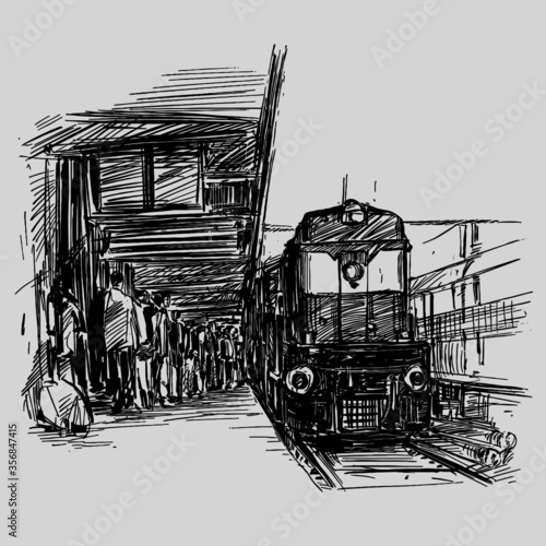 Drawing of train station in India 