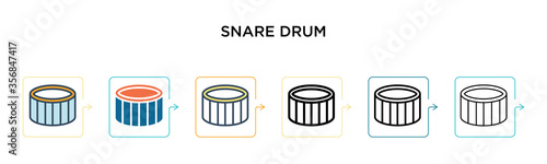 Snare drum vector icon in 6 different modern styles. Black, two colored snare drum icons designed in filled, outline, line and stroke style. Vector illustration can be used for web, mobile, ui