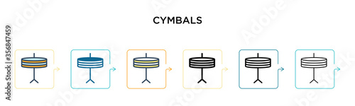 Cymbals vector icon in 6 different modern styles. Black, two colored cymbals icons designed in filled, outline, line and stroke style. Vector illustration can be used for web, mobile, ui