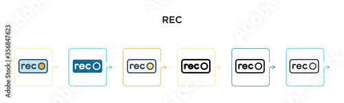 Rec vector icon in 6 different modern styles. Black, two colored rec icons designed in filled, outline, line and stroke style. Vector illustration can be used for web, mobile, ui