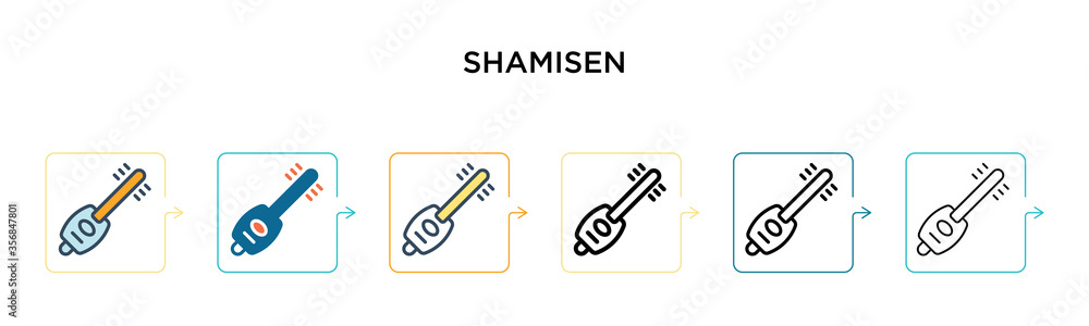 Fototapeta premium Shamisen vector icon in 6 different modern styles. Black, two colored shamisen icons designed in filled, outline, line and stroke style. Vector illustration can be used for web, mobile, ui