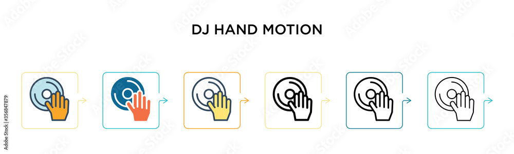 Dj hand motion vector icon in 6 different modern styles. Black, two colored dj hand motion icons designed in filled, outline, line and stroke style. Vector illustration can be used for web, mobile, ui Dj hand motion vector icon in 6 different modern styles. Black, two colored dj hand motion icons designed in filled, outline, line and stroke style. Vector illustration can be used for web, mobile, ui