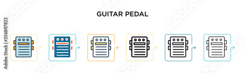 Guitar pedal vector icon in 6 different modern styles. Black, two colored guitar pedal icons designed in filled, outline, line and stroke style. Vector illustration can be used for web, mobile, ui