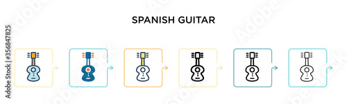 Spanish guitar vector icon in 6 different modern styles. Black, two colored spanish guitar icons designed in filled, outline, line and stroke style. Vector illustration can be used for web, mobile, ui