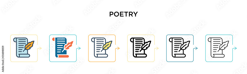 Poetry vector icon in 6 different modern styles. Black, two colored poetry icons designed in filled, outline, line and stroke style. Vector illustration can be used for web, mobile, ui Poetry vector icon in 6 different modern styles. Black, two colored poetry icons designed in filled, outline, line and stroke style. Vector illustration can be used for web, mobile, ui