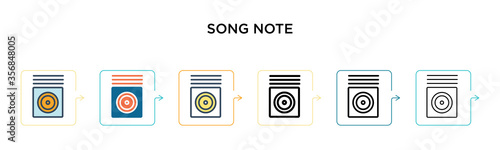 Song note vector icon in 6 different modern styles. Black, two colored song note icons designed in filled, outline, line and stroke style. Vector illustration can be used for web, mobile, ui