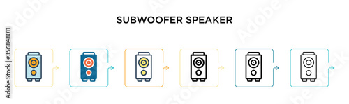Subwoofer speaker vector icon in 6 different modern styles. Black, two colored subwoofer speaker icons designed in filled, outline, line and stroke style. Vector illustration can be used for web,