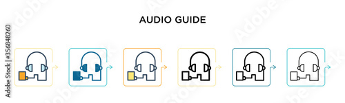 Audio guide vector icon in 6 different modern styles. Black, two colored audio guide icons designed in filled, outline, line and stroke style. Vector illustration can be used for web, mobile, ui